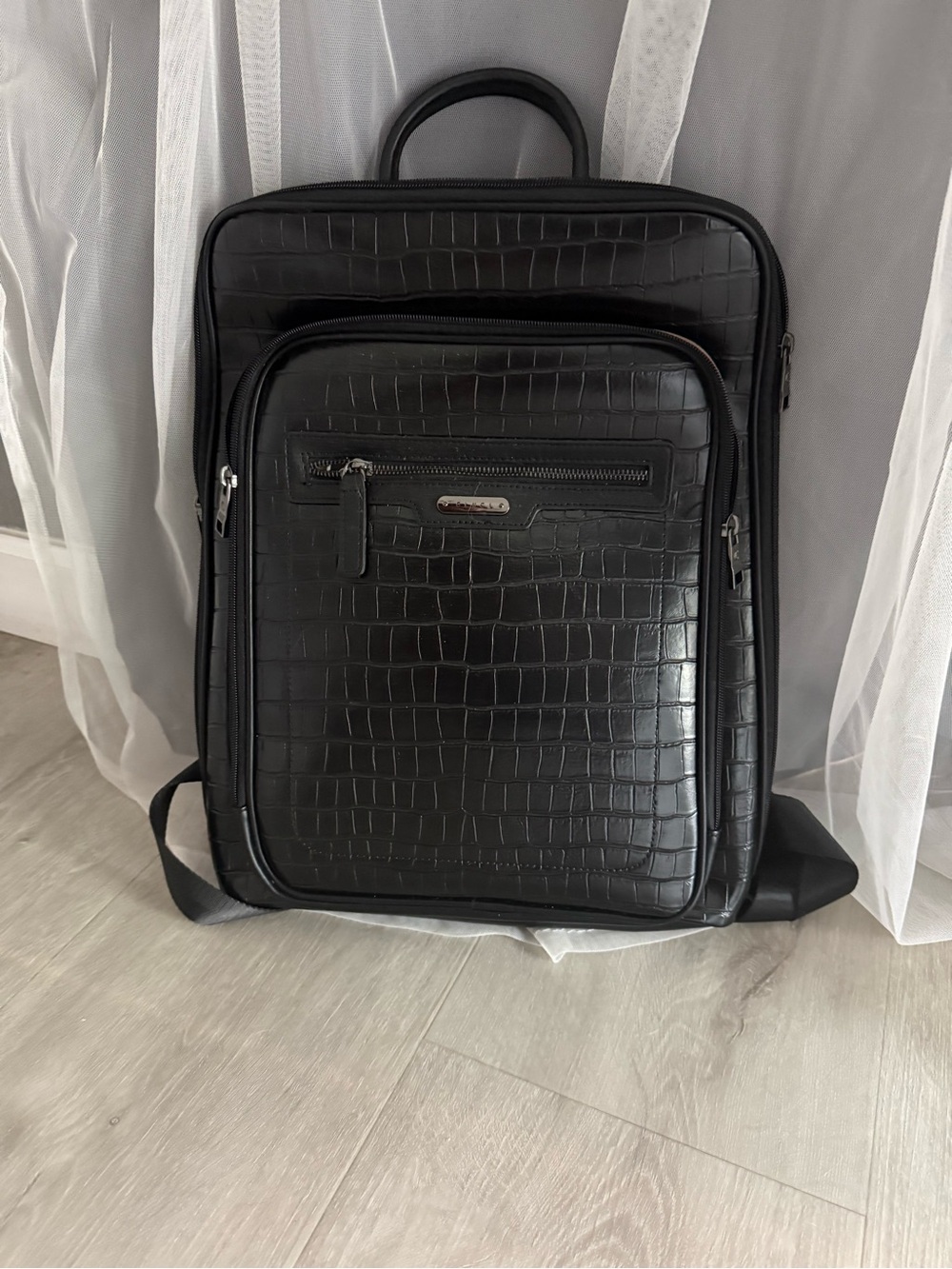 Men's Black Croc-Embossed Backpack with Front Organizer